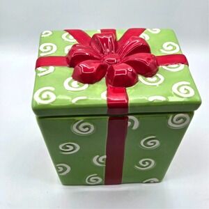 Christmas Holiday Gift Box Ceramic Cookie Jar Present Package by Real Home